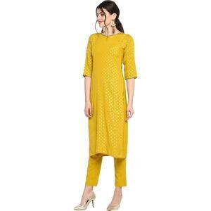 Janasya Indian Women's Mustard Foil Print Jurta Kurti Tunic Dress Small